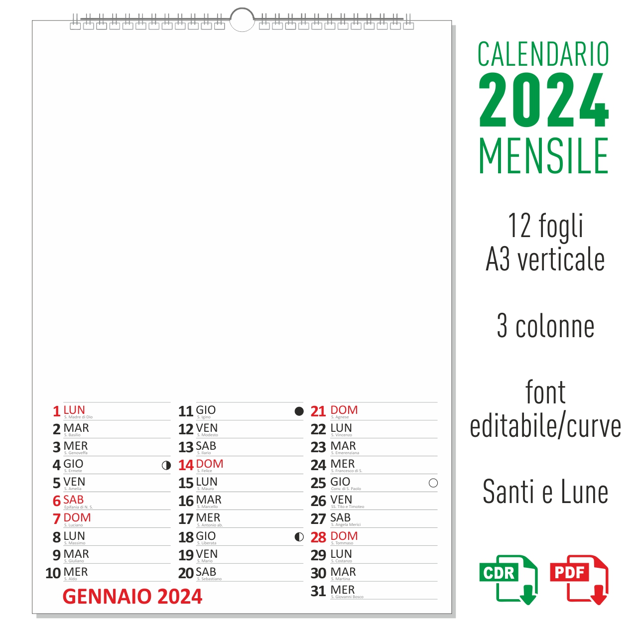 Calendario 2024 con numeri settimane … A4, download, PDF